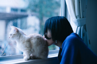 女性が猫にキスしている画像